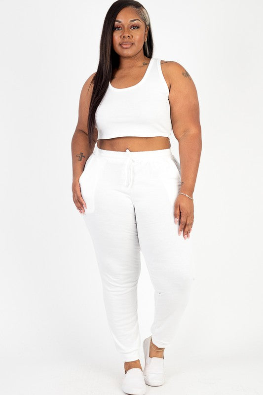 Plus French Terry Cropped Tank Top & Joggers Set Pants Set Capella White 1XL 