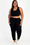 Plus French Terry Cropped Tank Top & Joggers Set Pants Set Capella Black 1XL 