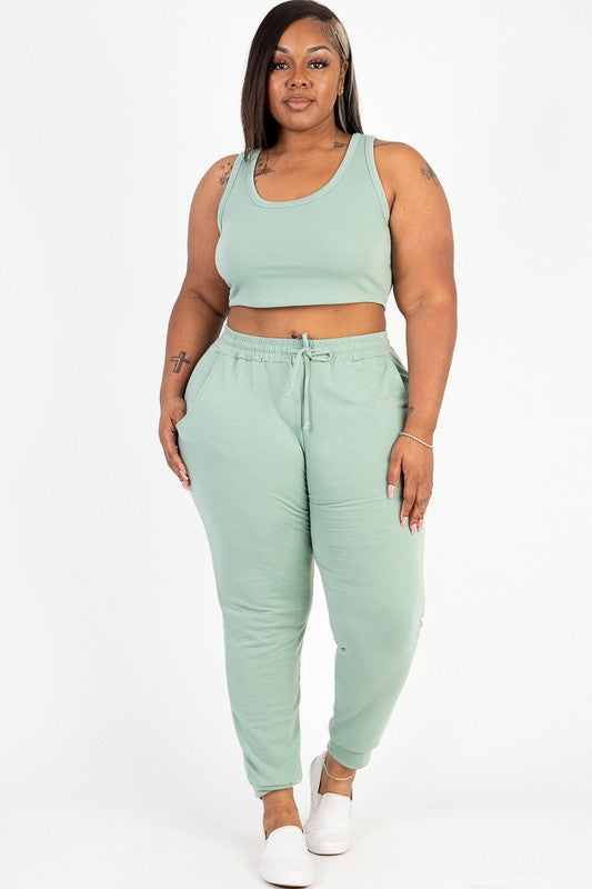 Plus French Terry Cropped Tank Top & Joggers Set Pants Set Capella Green Bay 1XL 