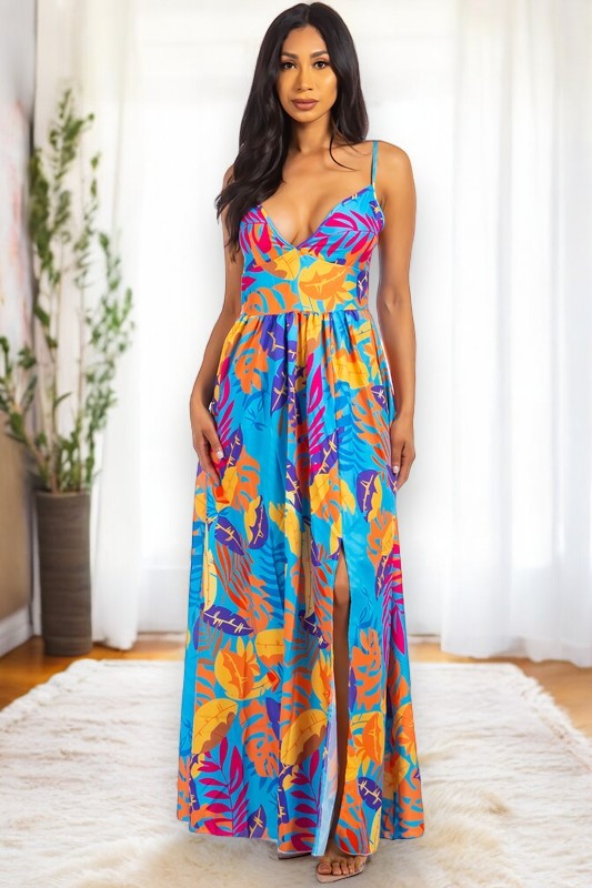 ELEGANT MULTICOLOR MAXI DRESS WITH SEXY SLIT Maxi Dress By Claude   