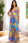 ELEGANT MULTICOLOR MAXI DRESS WITH SEXY SLIT Maxi Dress By Claude BLUE MULTI S 