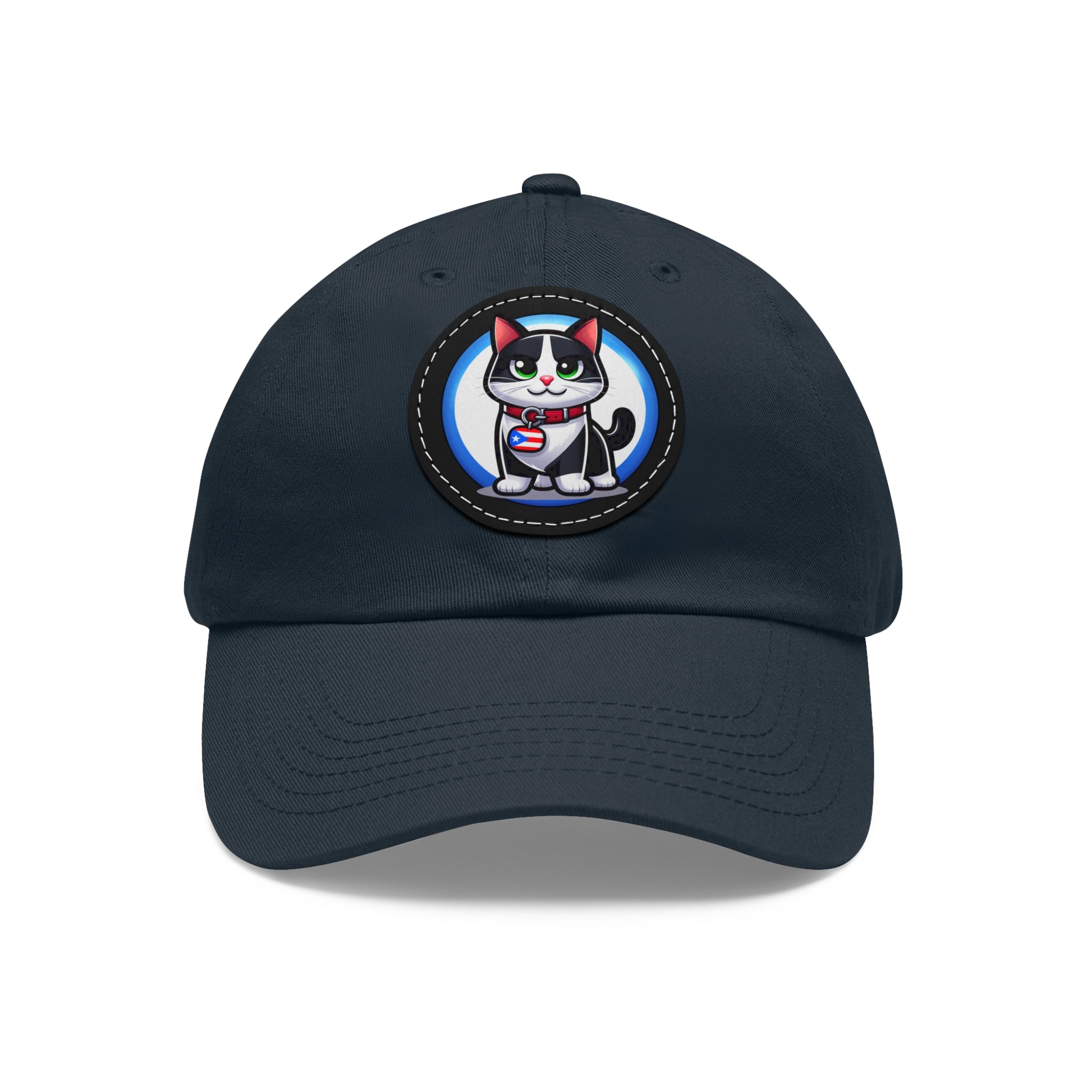 COOL TUXEDO CAT Dad Hat with Leather Patch (Round) Caps Printify Navy / Black patch Circle One size