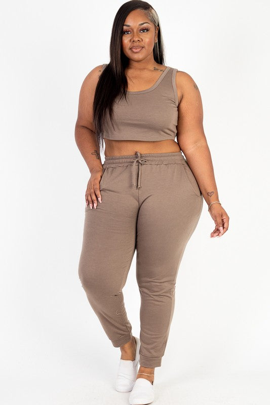 Plus French Terry Cropped Tank Top & Joggers Set Pants Set Capella   