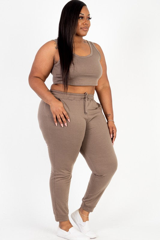 Plus French Terry Cropped Tank Top & Joggers Set Pants Set Capella   