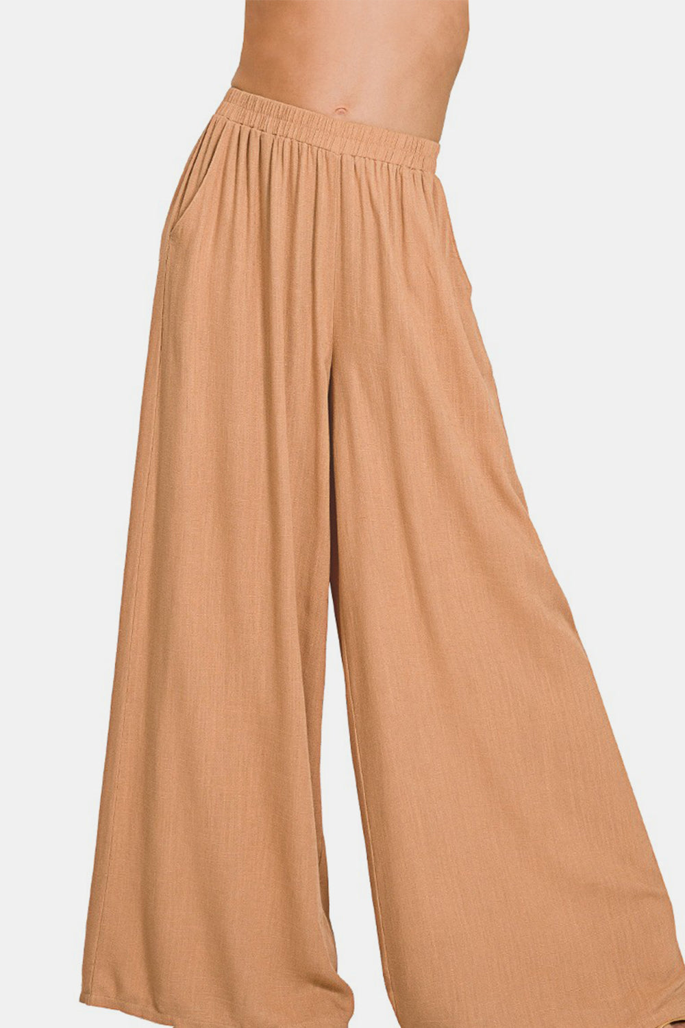 Zenana Pleated Linen Blend Wide Leg Pants Pants Trendsi   