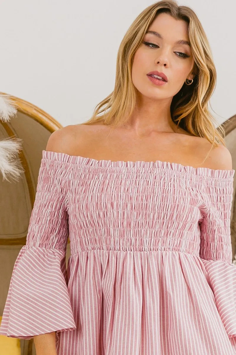 BiBi Smocked Off Shoulder Striped Dress - NeoKira Unlimited