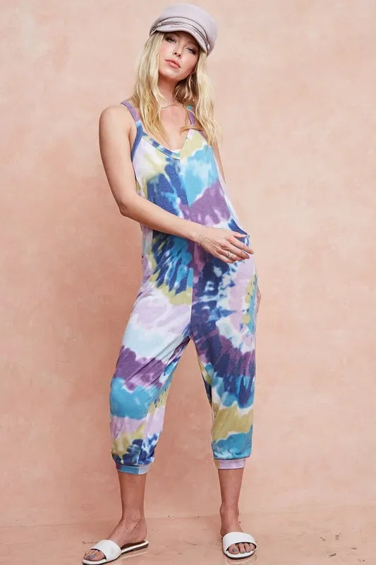 BiBi Tie Dye Knit Mid-length Casual Jumpsuit Vibrant Relaxed On Trend - NeoKira Unlimited
