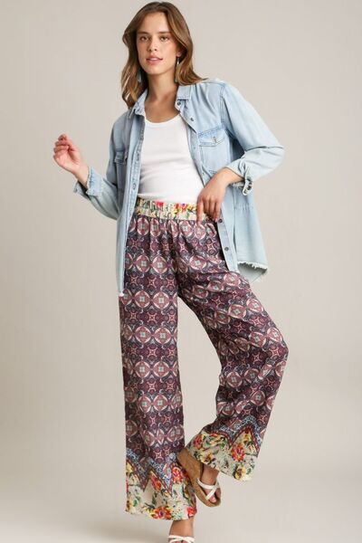 Umgee Full Size Mixed Print Elastic Waistband Pants Plus Size - NeoKira Unlimited