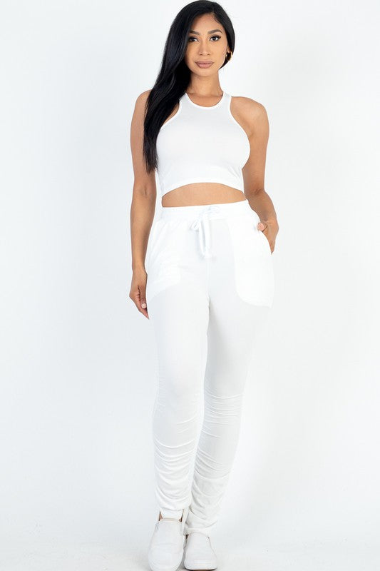 Crop Top & Ruched Drawstring Pants Set Pants Set Capella White S 