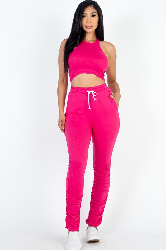 Crop Top & Ruched Drawstring Pants Set Pants Set Capella Fuchsia S 