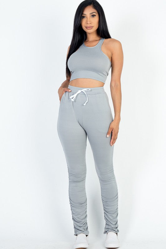 Crop Top & Ruched Drawstring Pants Set Pants Set Capella ULTIMATE GRAY S 