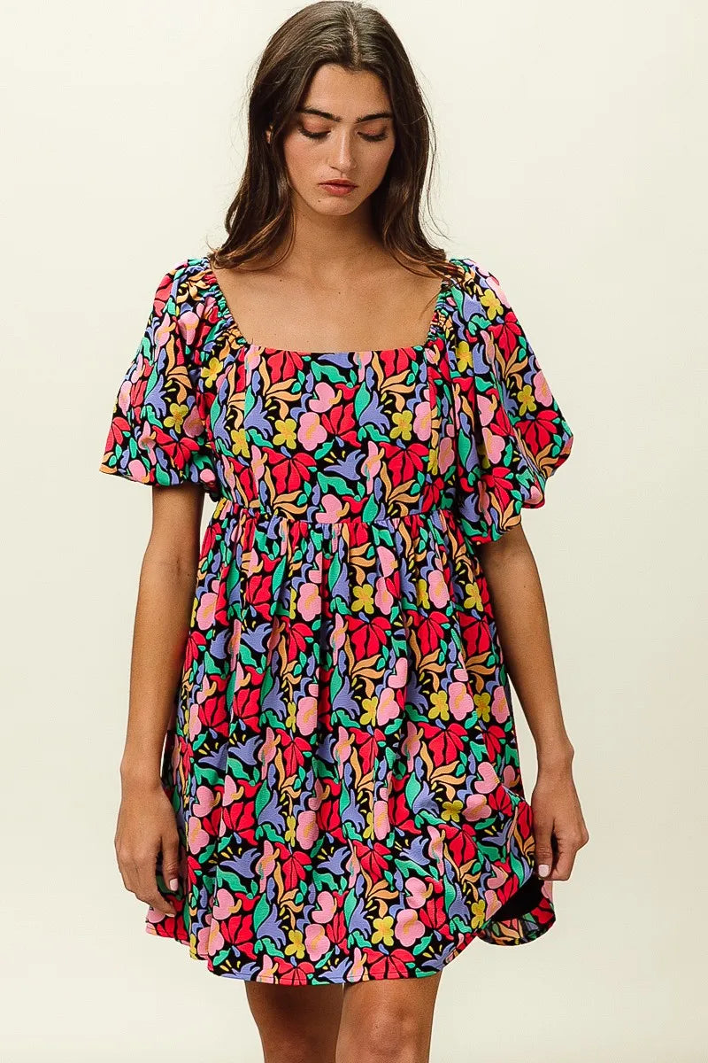 BiBi Tropical Boho Floral Print Puff Sleeve Square Neck Dress - NeoKira Unlimited