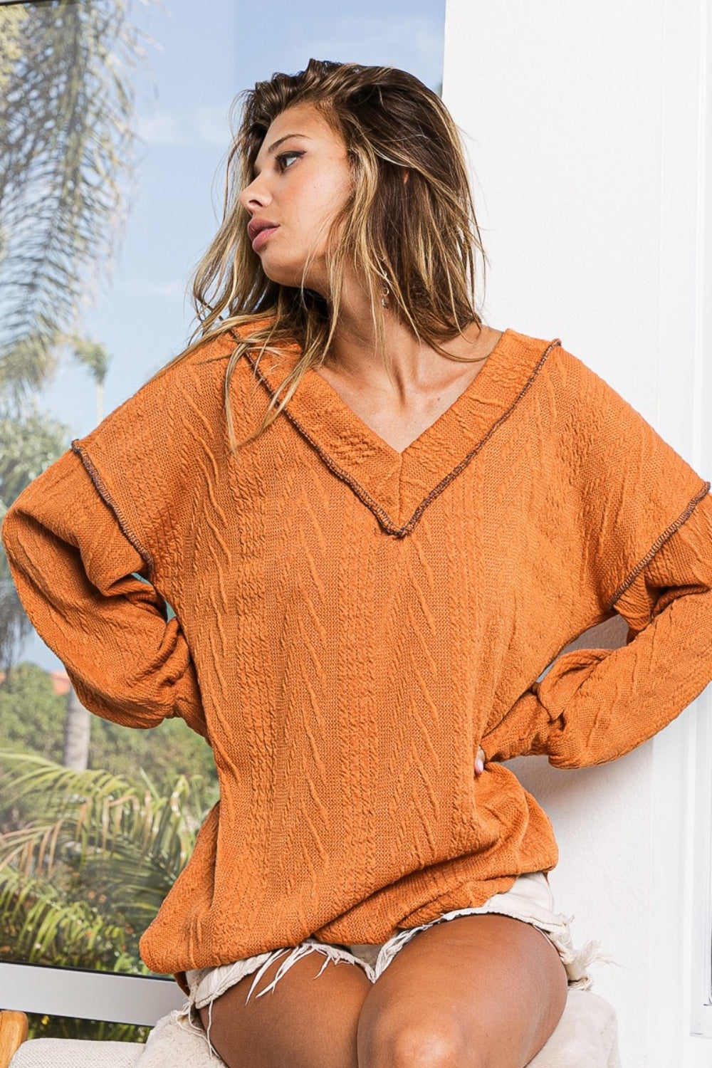 BiBi Textured Exposed Seam Drop Shoulder Knit Top - NeoKira Unlimited