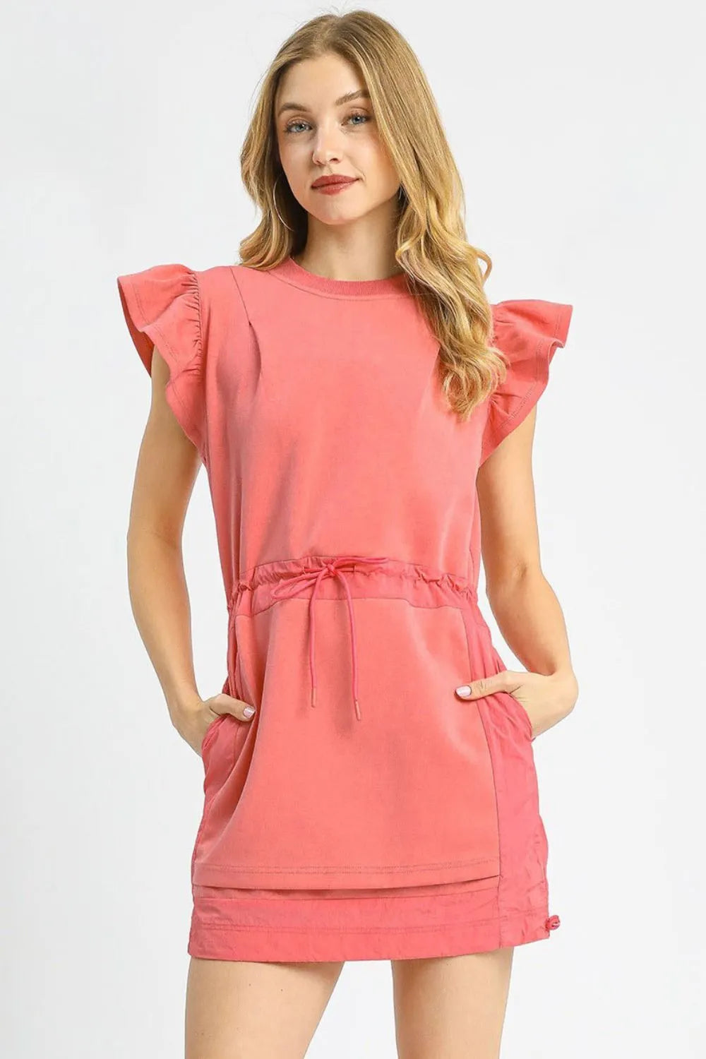 Umgee Coral Drawstring Mini Dress with Ruffles Pockets Feminine Chic - NeoKira Unlimited