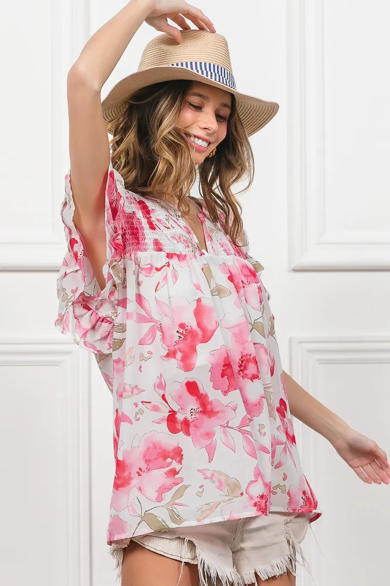 BiBi Floral Print Flutter Sheer Top Lightweight Boho Chic Blouse - NeoKira Unlimited