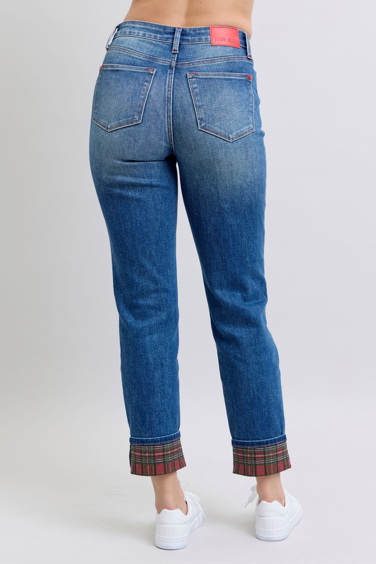 Judy Blue Full Size Plaid Print Cuff Straight Leg Jeans with Pockets - NeoKira Unlimited