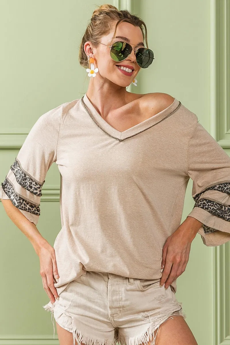 BiBi Triblend Knit Top with Leopard Band Detail - NeoKira Unlimited