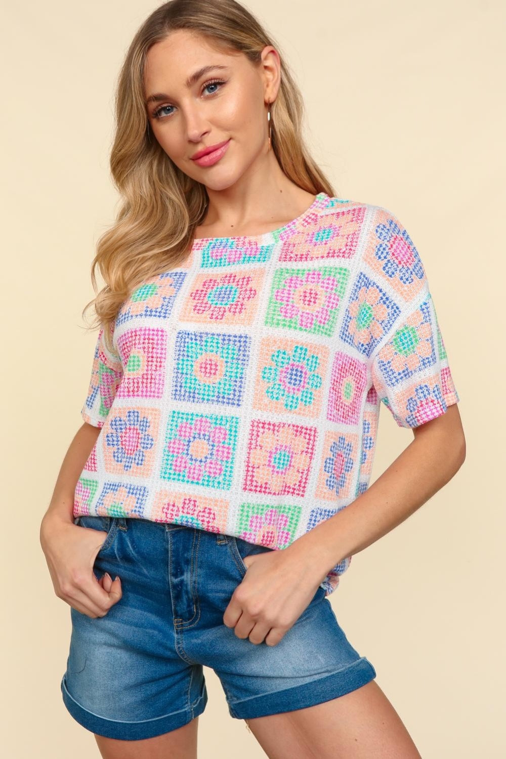 Haptics Flower Print Round Neck Short Sleeve T-Shirt - NeoKira Unlimited