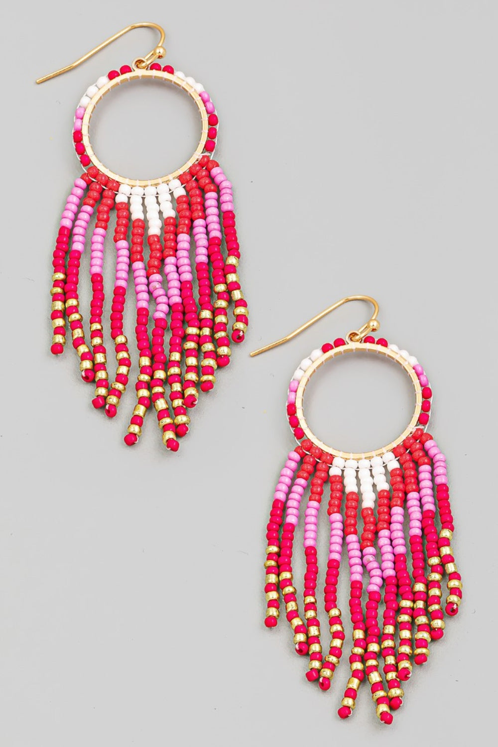 Fame Circle Cutout Seed Beaded Fringe Earrings Fringe Earrings Trendsi Fuchsia One Size 