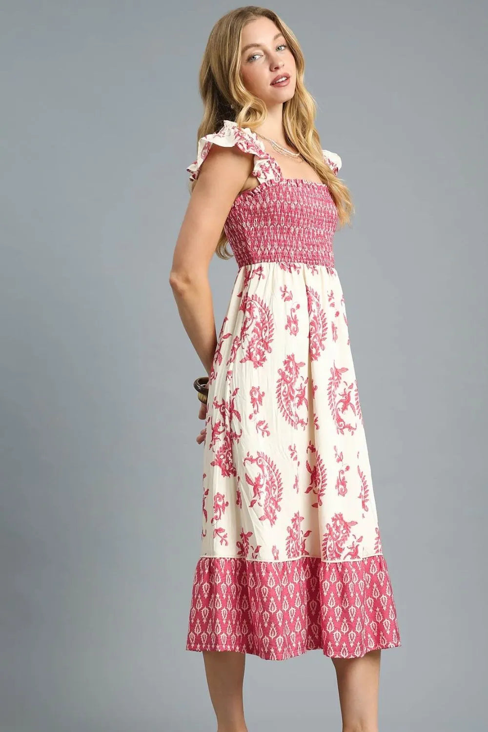 Umgee Boho Pink Smocked Floral Midi Dress Romantic Ruffle Elegance - NeoKira Unlimited