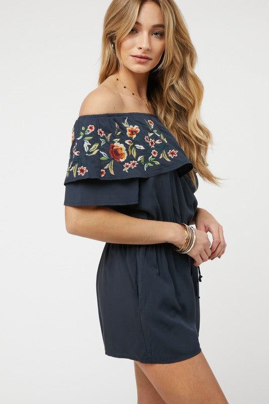 Floral Embroidered Off Shoulder Romper  Davi & Dani   