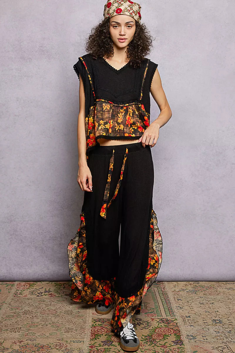 POL Lace Detail Floral Cropped Ruffled Top Boho Chic - NeoKira Unlimited