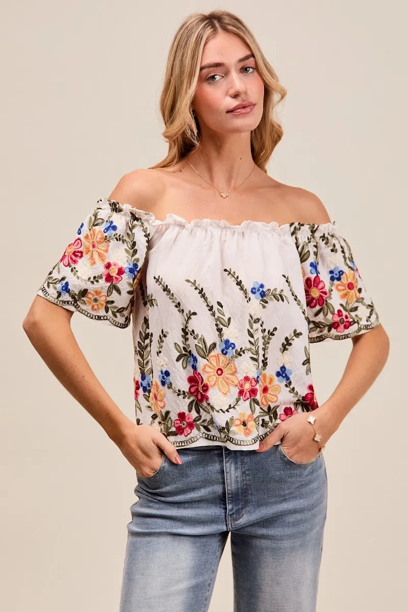 SO ME Floral Embroidered Off Shoulder Blouse With Ruffle Detail – Boho Chic - NeoKira Unlimited