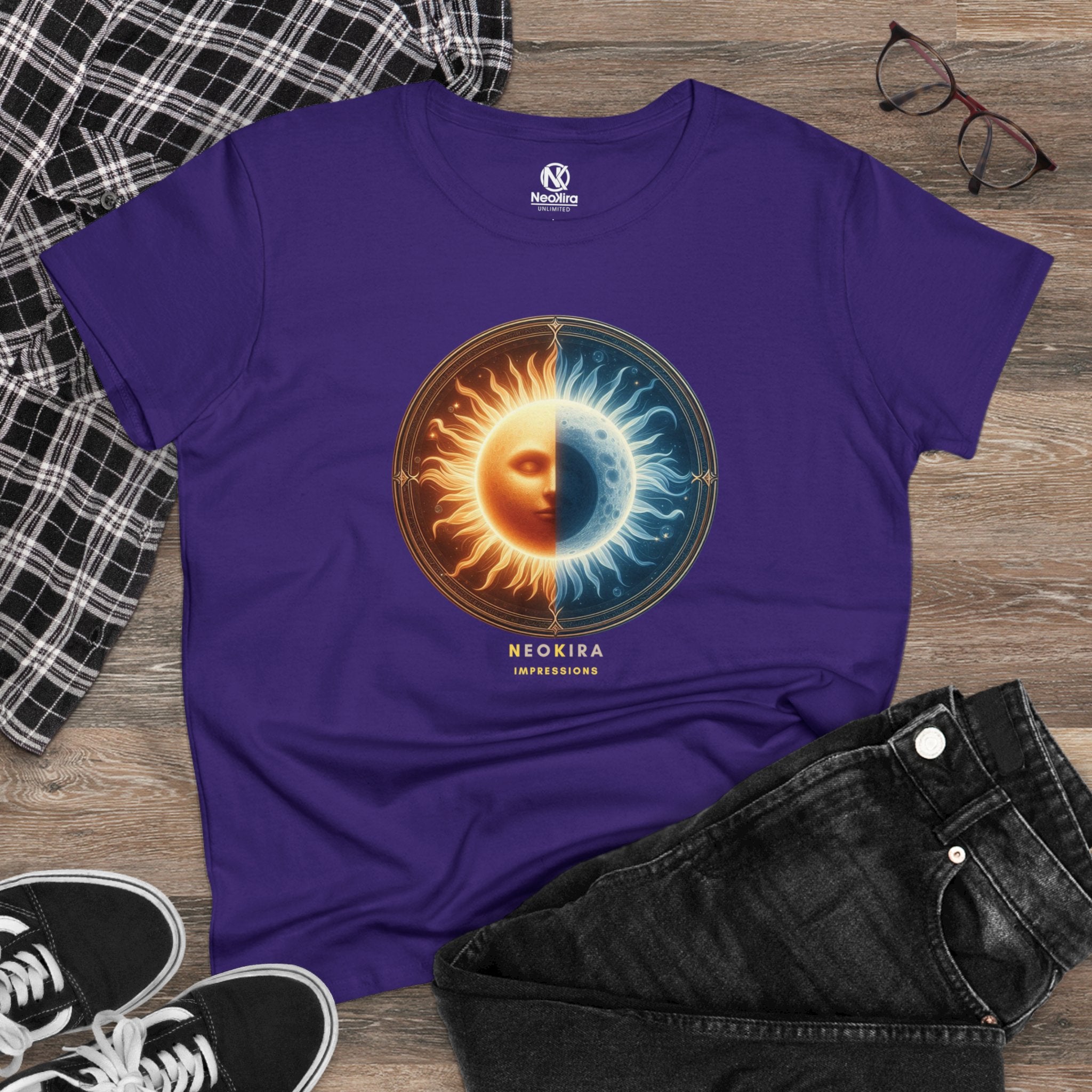 SUN AND MOON Women's Midweight Cotton Tee T-Shirt Printify   