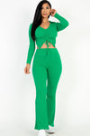 Ruched Drawstring Crop Shirt & Flare Pants Set Pants Set Capella Green S 