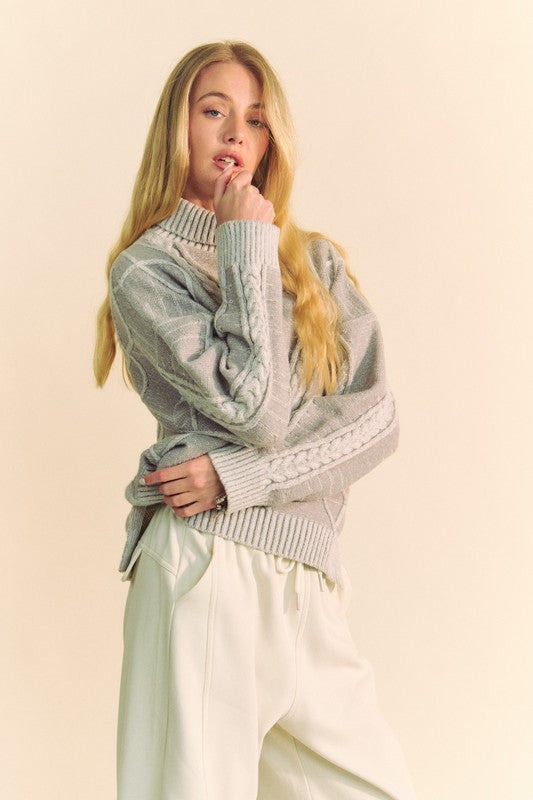 Davi & Dani Cable-Knit Turtleneck Dropped Shoulder Sweater - NeoKira Unlimited