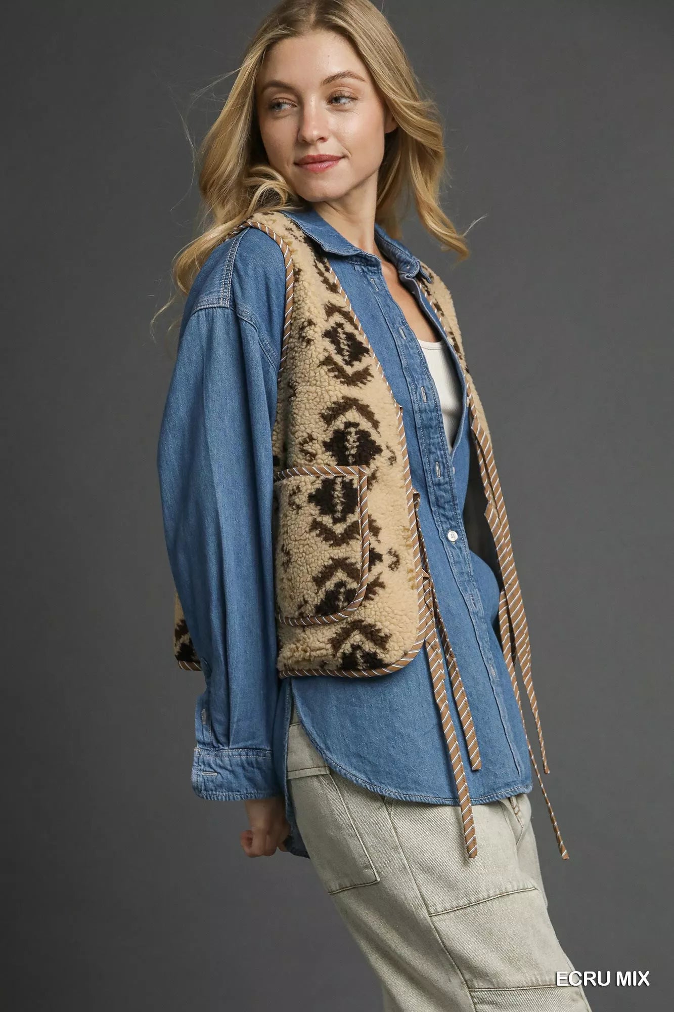 Umgee Mix Patterned Sherpa Tie-Front Vest Boho Winter Layer - NeoKira Unlimited