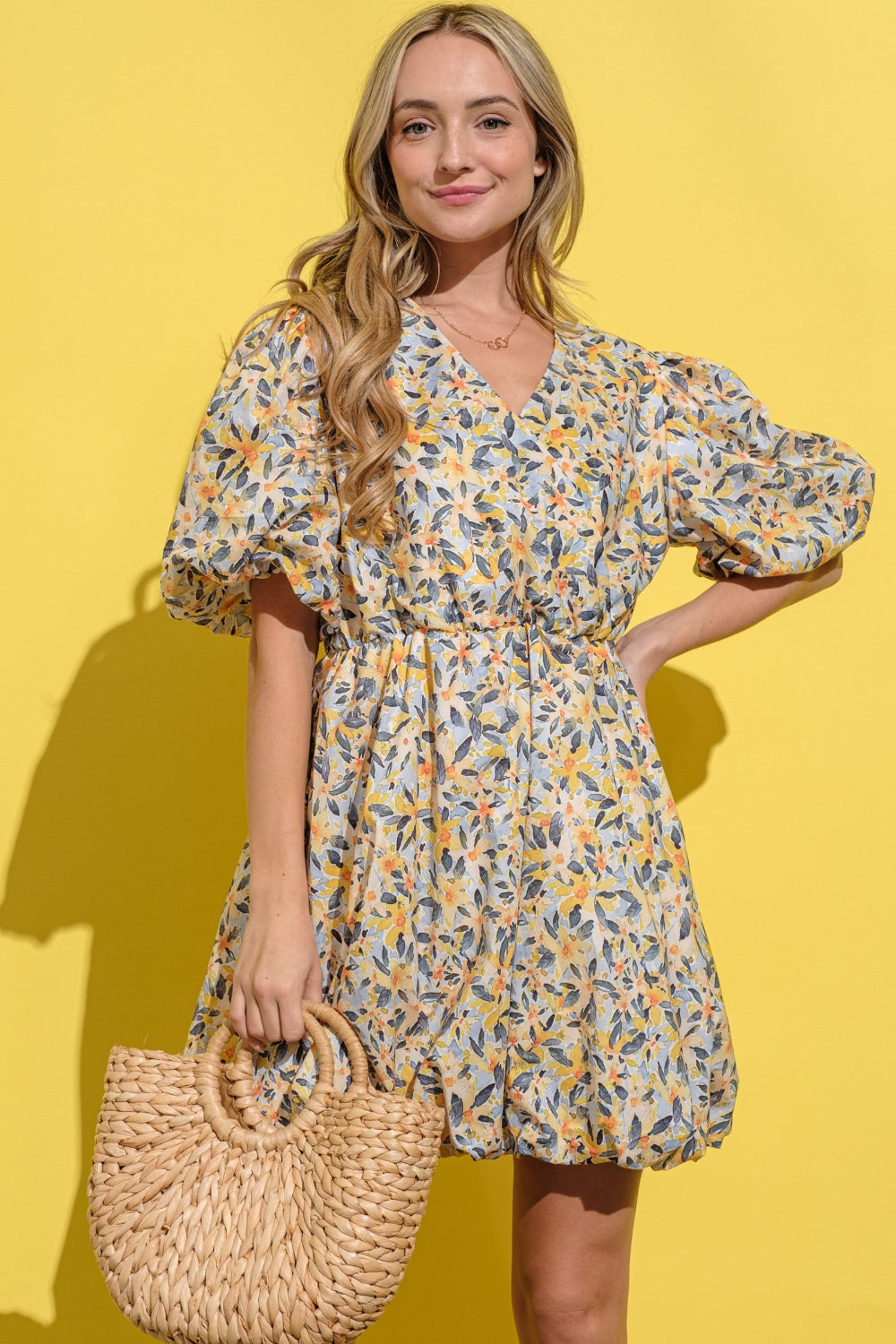 And The Why Full Size Floral Surplice Puff Sleeve Dress - NeoKira Unlimited