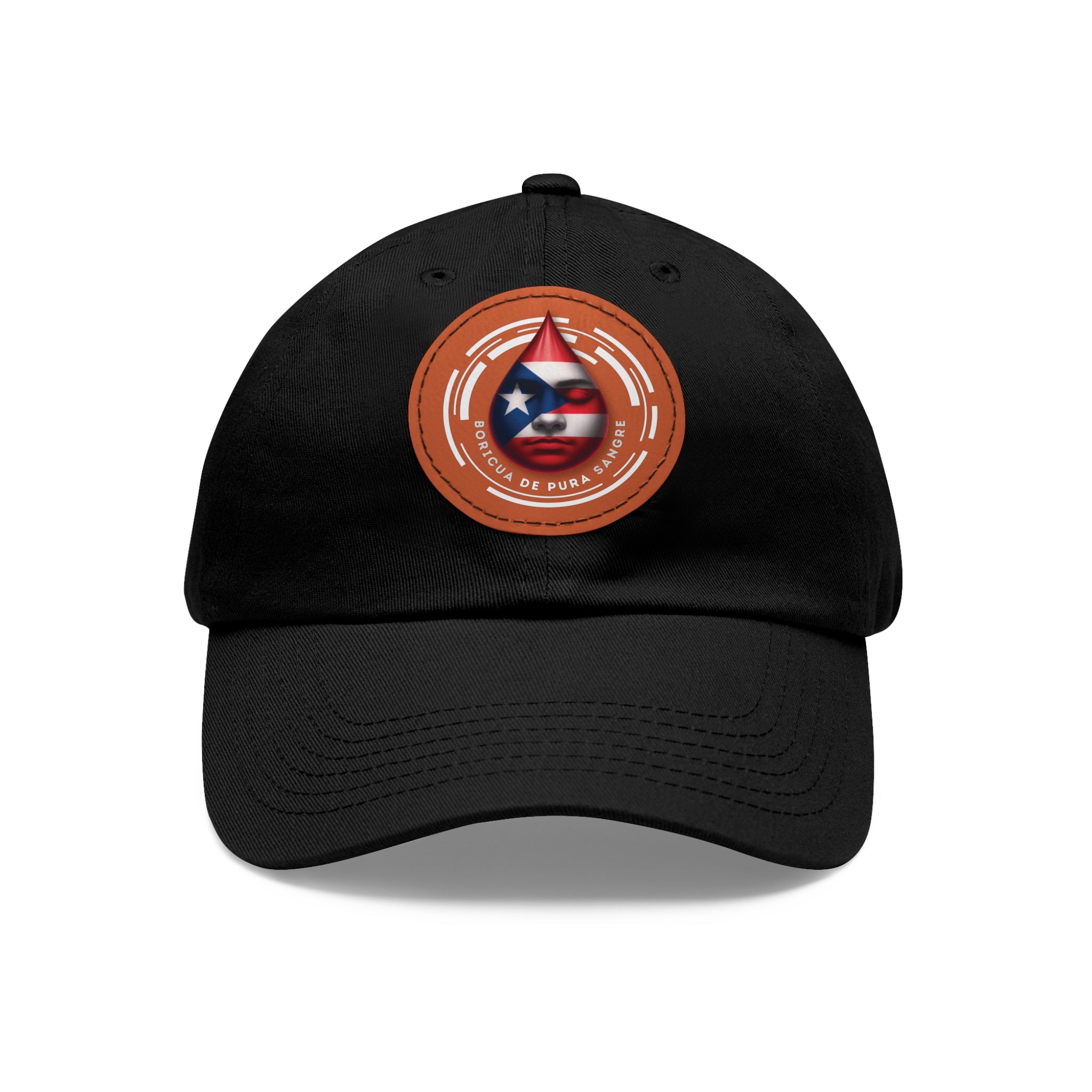 BORICUA DE PURA SANGRE Dad Hat with Leather Patch (Round) Caps Printify Black / Light Brown Circle One size