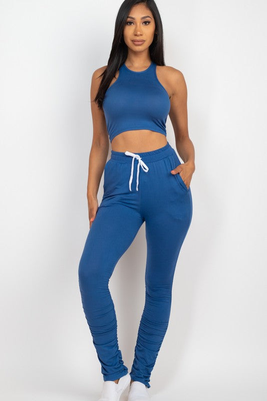 Crop Top & Ruched Drawstring Pants Set Pants Set Capella Blue haze S 