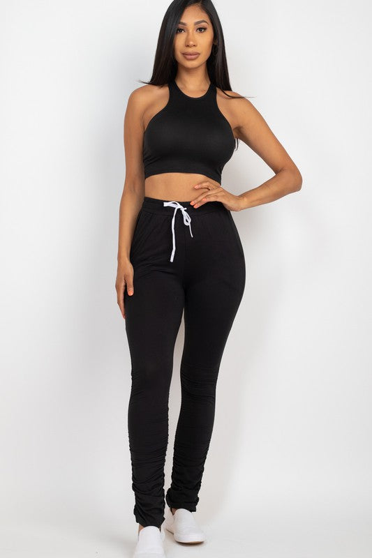 Crop Top & Ruched Drawstring Pants Set Pants Set Capella Black S 