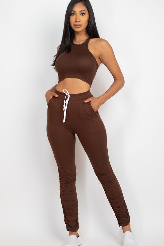 Crop Top & Ruched Drawstring Pants Set Pants Set Capella Coffee S 