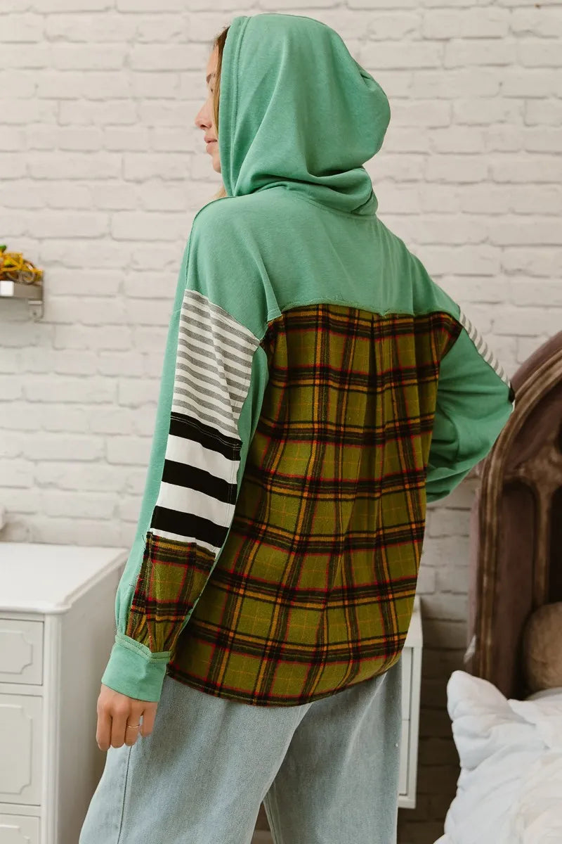 BiBi Plaid With Stripes Mix Match French Terry Hoodie - NeoKira Unlimited