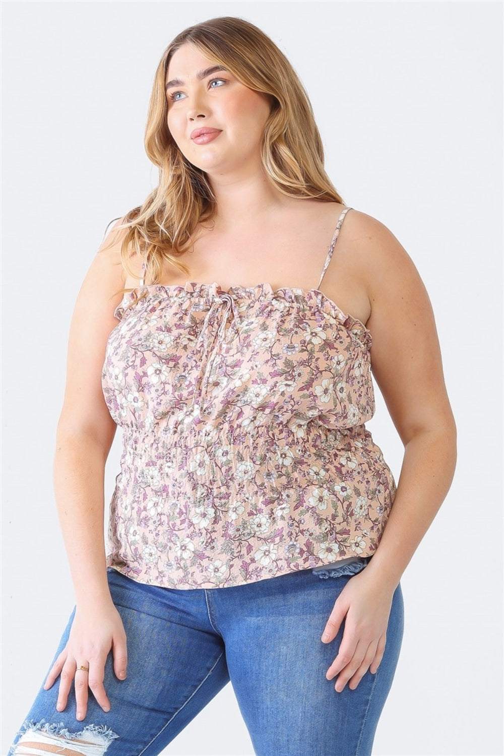 Zenobia Plus Size Frill Floral Square Neck Cami Cami Trendsi Mauve 1XL 