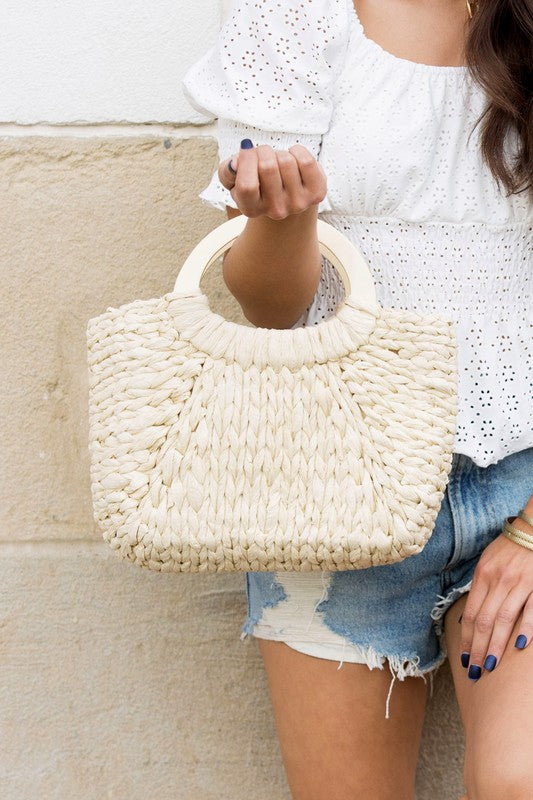 Minimal Natural Woven Straw Tote | Wood Handle Drawstring Boho Bag - NeoKira Unlimited