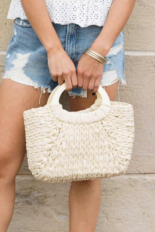 Minimal Natural Woven Straw Tote | Wood Handle Drawstring Boho Bag - NeoKira Unlimited