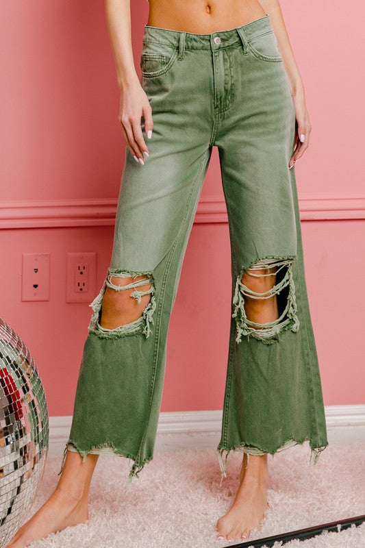 BiBi Distressed Vintage Washed Wide Leg Pants Jeans BiBi ASH GREEN S 