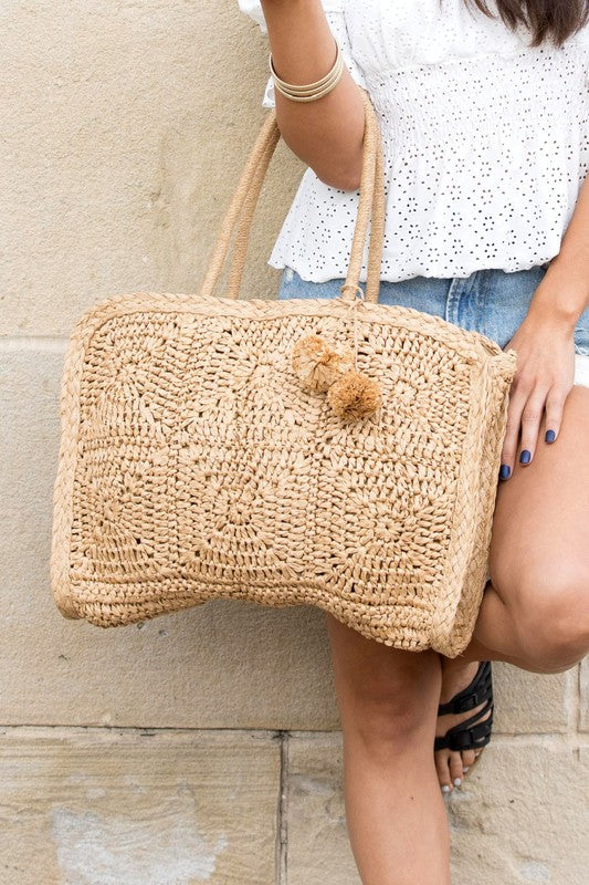 Eco-Chic Large Straw Traveler Tote | Sustainable Boho Bag Zipper Closure - NeoKira Unlimited