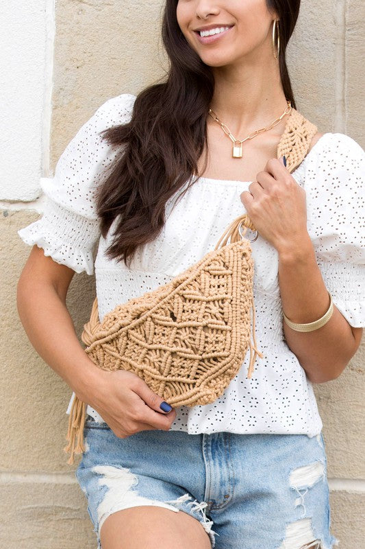 Boho Woven Macrame Crossbody Sling Bag – Natural Cotton Blend - NeoKira Unlimited