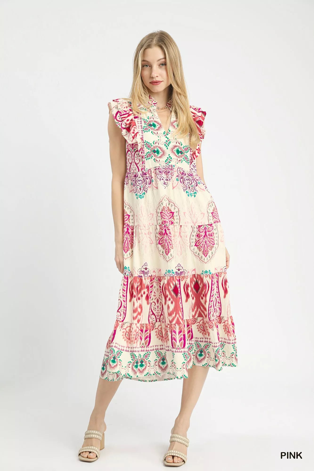 Umgee Boho Border Print Ruffle Midi Dress Boho Chic - NeoKira Unlimited