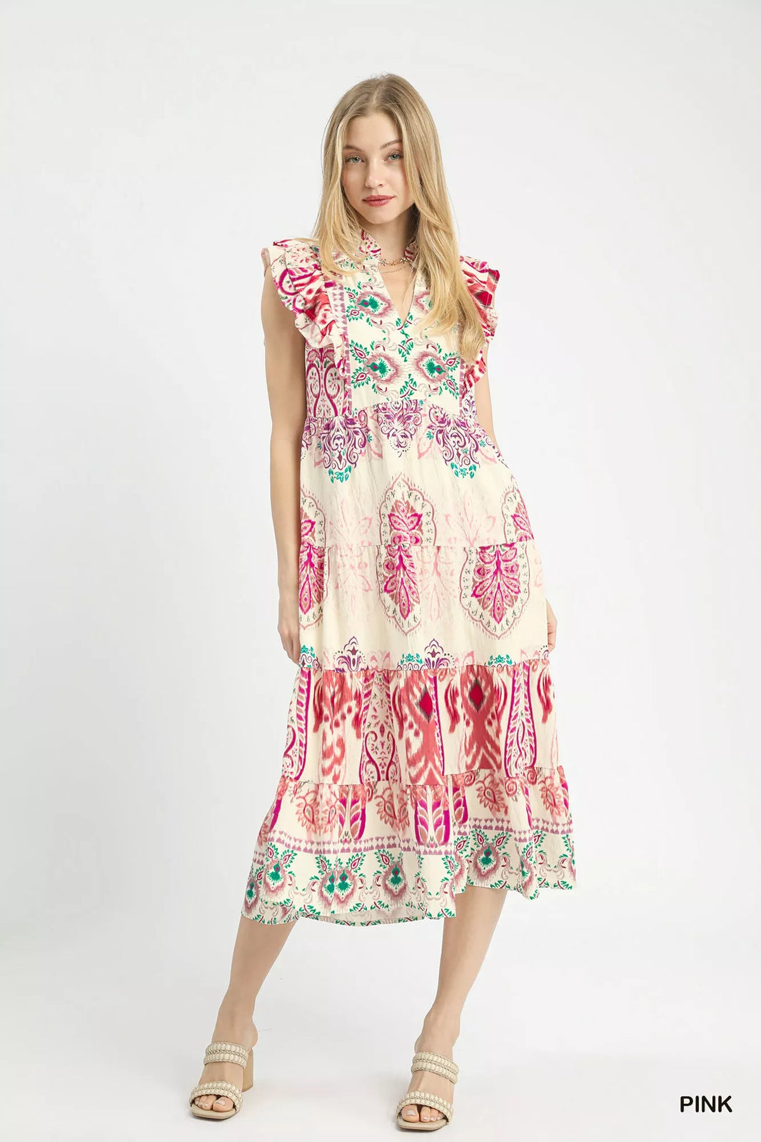 Umgee Boho Border Print Ruffle Midi Dress Boho Chic - NeoKira Unlimited