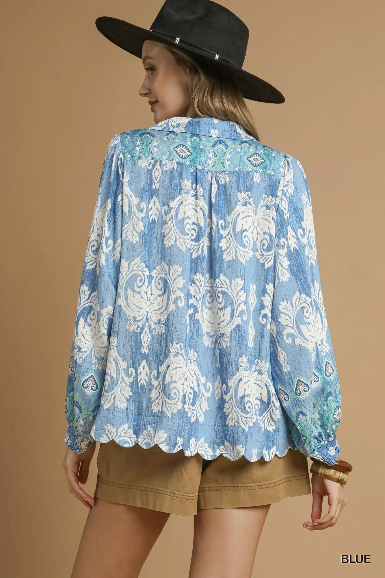 Umgee Printed Long Sleeve Boho Blouse Paisley Floral Tassel Detail - NeoKira Unlimited