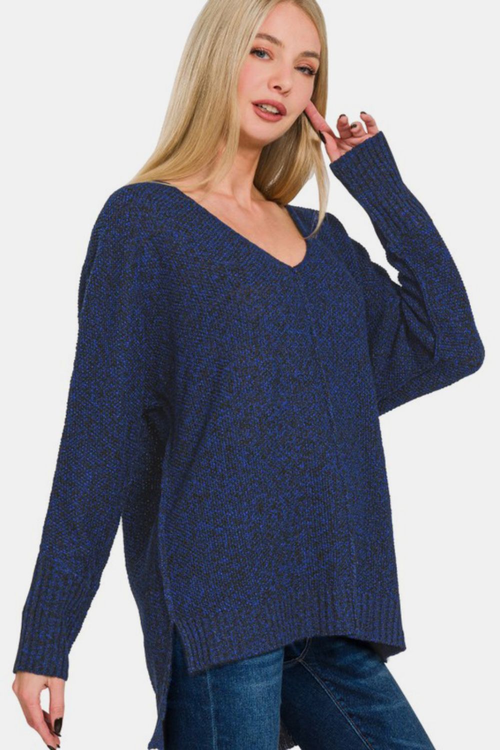 Zenana High-Low Center Seam V-Neck Sweater - NeoKira Unlimited