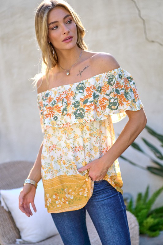 Printed Off Shoulder Smocked Top  Davi & Dani   