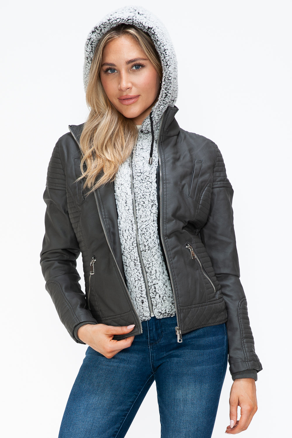 YMI Faux Layered Double-Zipper Jacket with Fuzzy Hood - NeoKira Unlimited