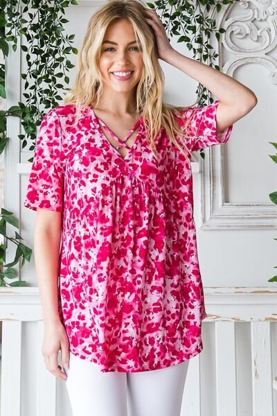 Heimish Full Size Short Sleeve Crisscross Animal Babydoll Top Plus Size - NeoKira Unlimited